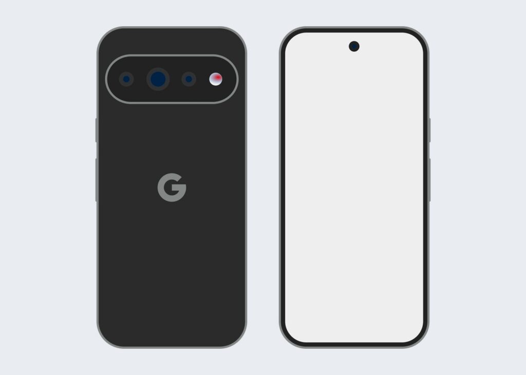 Ilustración del Google Pixel 11 Pro en color Obsidian, vista trasera y frontal